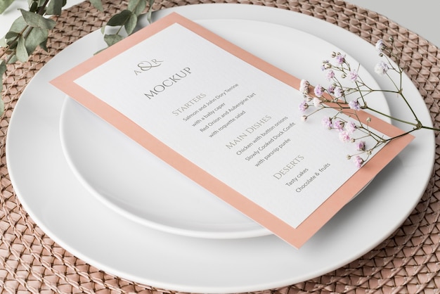 High angle of table arrangement with spring menu mock-up