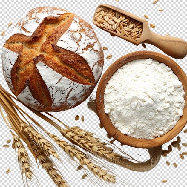 PSD high angle view of freshly baked bread surrounded by grains isolated on transparent background