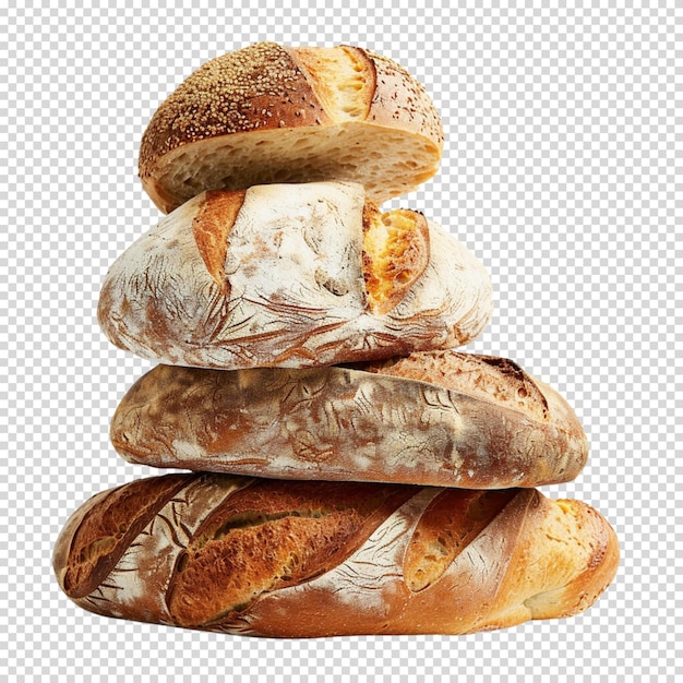 High angle view of freshly baked bread surrounded by grains isolated on transparent background