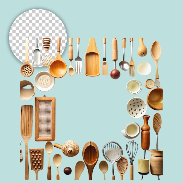 PSD high angle view of kitchen utensils on transparent background