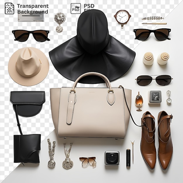 high fashion photography gear set up on a transparent background featuring a tan hat black sunglasses brown glasses and a silver camera