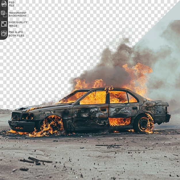 High fire on car isolated on transparent background