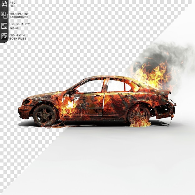 High fire on car isolated on transparent background