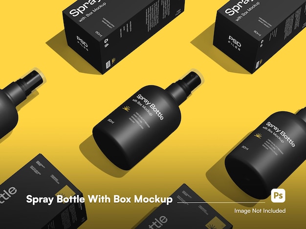 PSD high level modern minimalist spray bottle mockup with box packaging 3d isolated