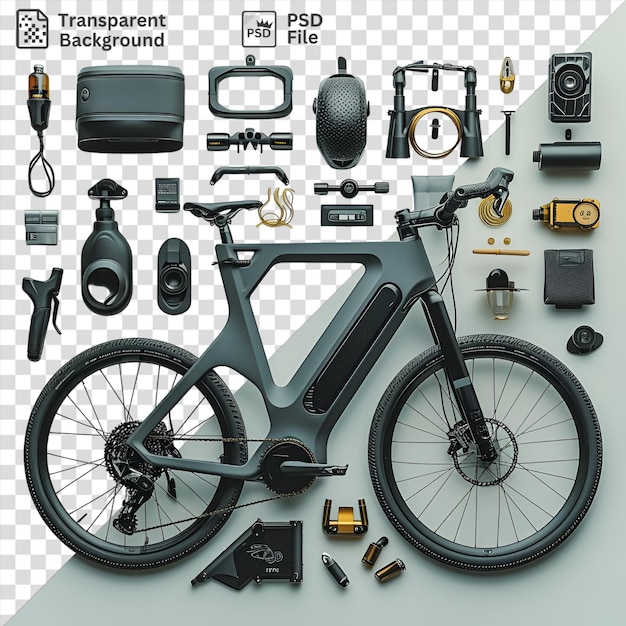 high performance electric bike and accessories set against a white wall featuring a black tire and a black and silver camera