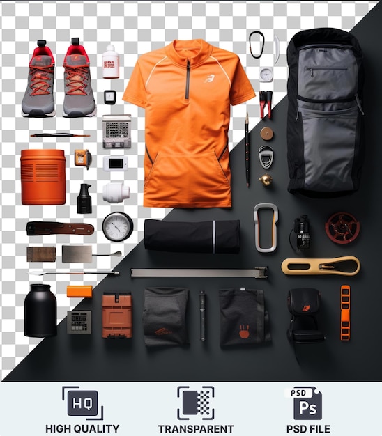 high performance sports equipment set up featuring a black bag silver and white watch black pen and orange jacket