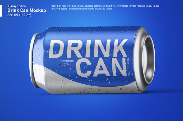 High quality glossy metal soda beverage can mockup in horizontal resting