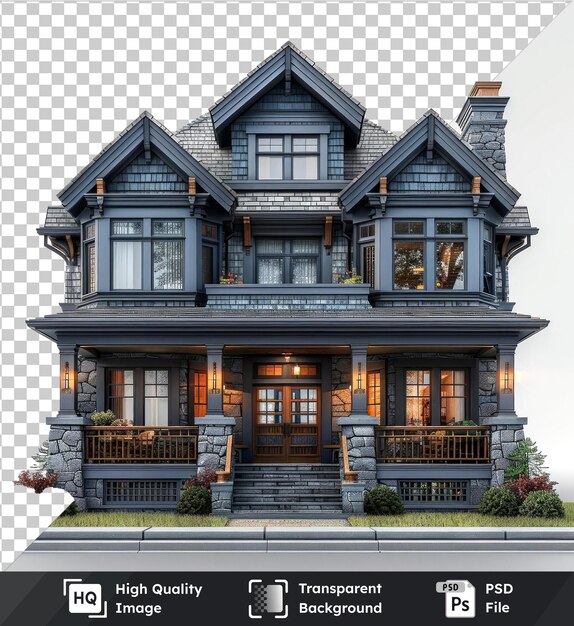 PSD high quality psd craftsman house model with gray and blue roof wood door and large glass window on