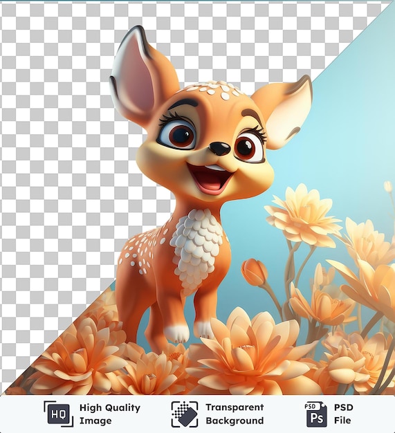 high quality transparent psd 3d cartoon deer leaping with a flower like background