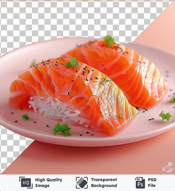 high quality transparent psd anpane of salmon on a white plate accompanied by a green leaf and a red and pink shadow