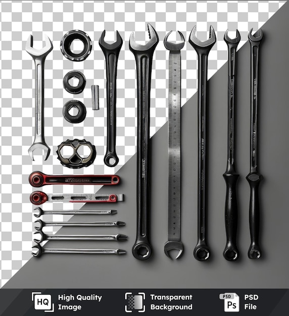 PSD high quality transparent psd automotive maintenance tools set displayed on a gray and white wall featuring a silver and metal tool and a black handle