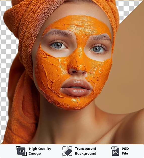 high quality transparent psd beauty portrait of woman model posing with orange clay face mask on her face and looking at camera