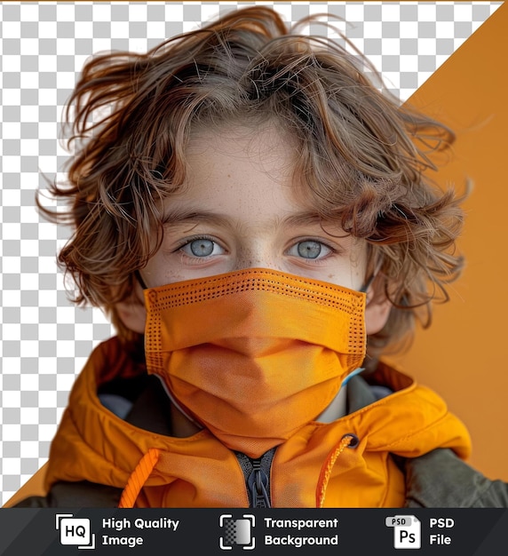 high quality transparent psd a boy stands in a mask during a quarantine with free space quarantine in the mask he wears a black tie and has brown hair blue