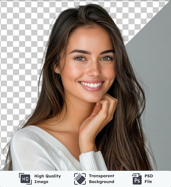 high quality transparent psd brunet cheerful young woman beauty portrait perfect makeup long chic elegant hair model tests young cute girl in white shirt smiling for the camera