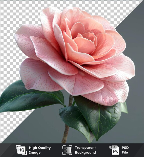 high quality transparent psd camellia flower png clipart featuring a pink flower and green leaves