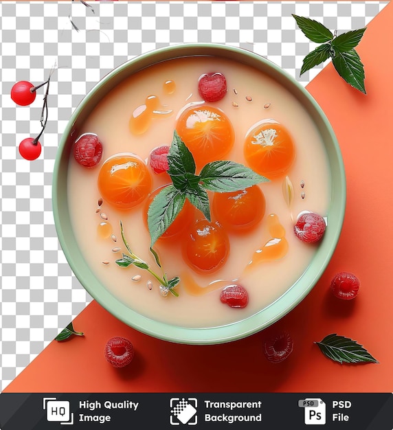 high quality transparent psd chawanmushi dish topped with fresh red cherries and green leaves on an orange table