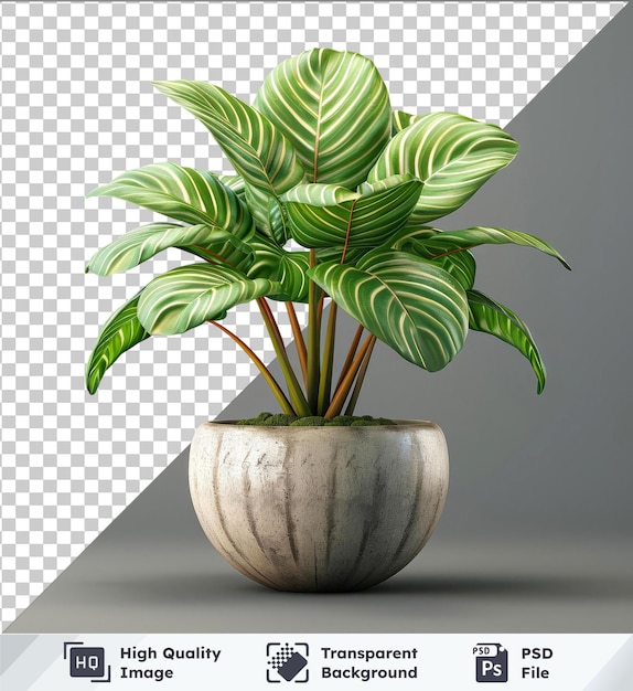 High quality transparent psd clipart of Calathea Orbifolia plant in a gray vase with green leaves