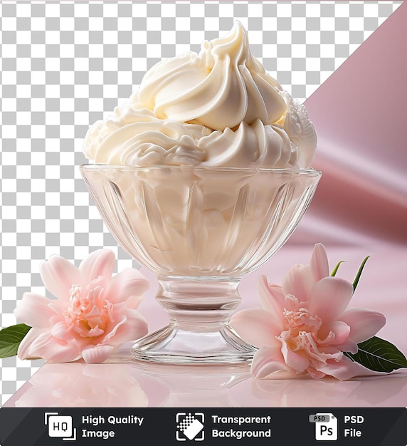 high quality transparent psd creamy vanilla bean gelato served in a clear glass bowl on a transparent background surrounded by a variety of pink and white flowers and green leaves