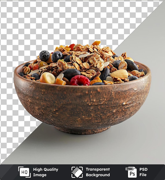 high quality transparent psd crunchy granola bowl with black blueberries and a dark shadow on a transparent background