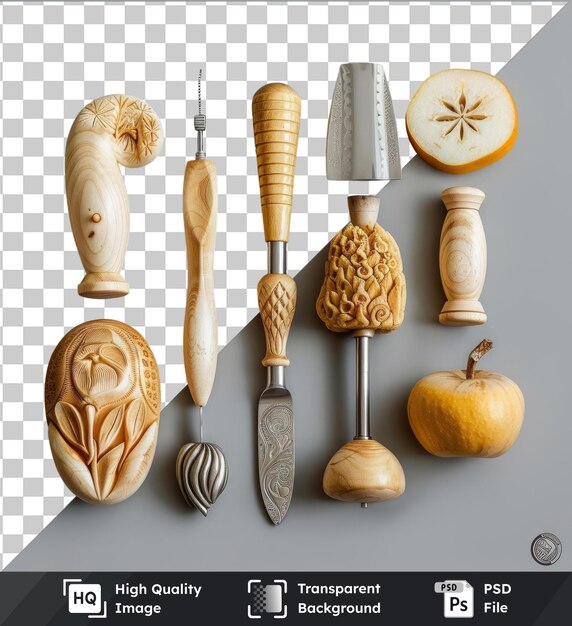 high quality transparent psd exotic fruit carving tools set displayed on a white wall accompanied by a yellow apple and a silver knife with a brown stem visible in the foreground