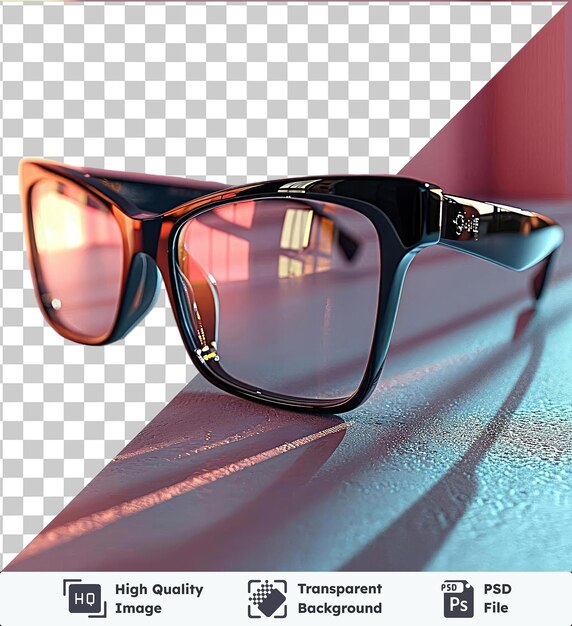 high quality transparent psd eye glass black glasses on a table against a pink wall