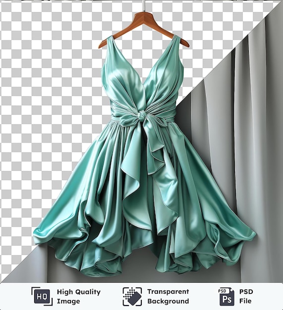 high quality transparent psd a green dress hanging on a brown wooden hanger