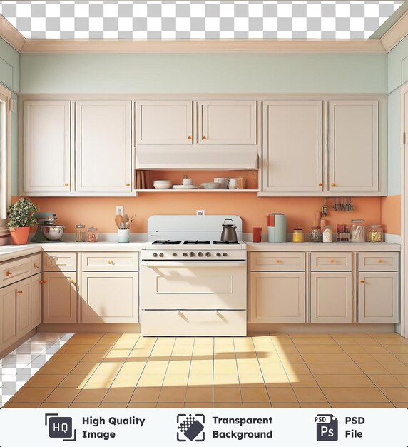 PSD high quality transparent psd kitchen artwork featuring a green plant orange pot white stove tiled floor white ceiling white drawers and a white window