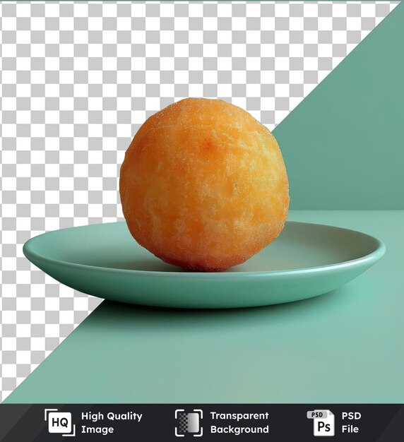 PSD high quality transparent psd laddu with a round orange on a white plate placed on a blue and green table against a green wall casting a dark shadow