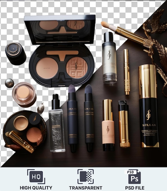 high quality transparent psd luxury bridal makeup and beauty products set displayed on a wooden table featuring a black pen silver spoon and black bottle