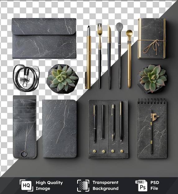 PSD high quality transparent psd luxury stationery collection set displayed on a gray and white wall accompanied by a green flower and a silver and gold pen