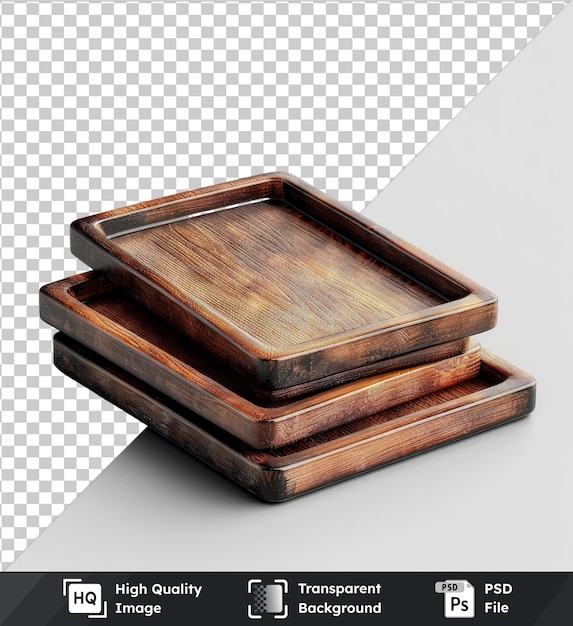 high quality transparent psd mockup of empty wooden trays on a white wall featuring a brown and wood tray on the left and a brown and wood tray on the right