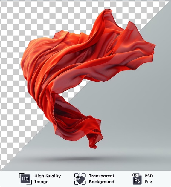 high quality transparent psd mockup of a flying red silk fabric against a gray and white sky with a red leg visible in the foreground