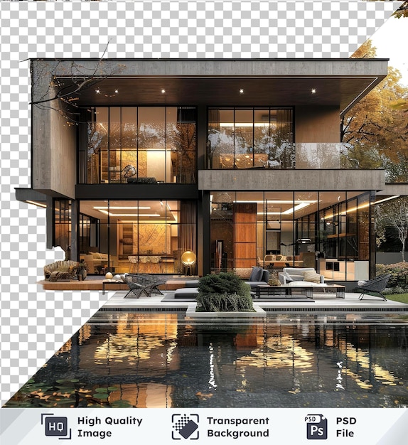 High quality transparent psd of modern house with pool trees glass window and black chair