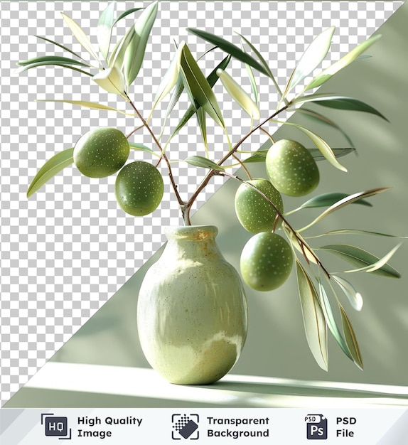 High quality transparent psd olives in a ceramic vase on a background with green leaves and white