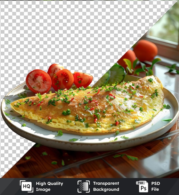 High quality transparent psd of omelette on a white plate with tomatoes and cucumber