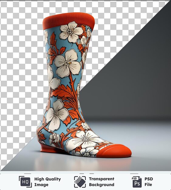 high quality transparent psd an orange boot adorned with white flowers placed on a shiny table against a gray and black wall