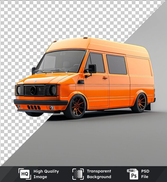 High quality transparent psd orange cargo van with black tire and glass windows against a gray sky