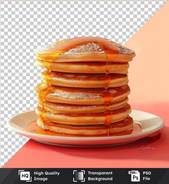 High quality transparent psd of pancake stack on white plate against pink wall with red shadow