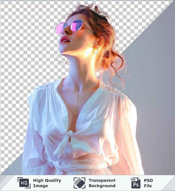 PSD high quality transparent psd photo of shiny charming lady wear white blouse heart glasses dancing empty space isolated pink color