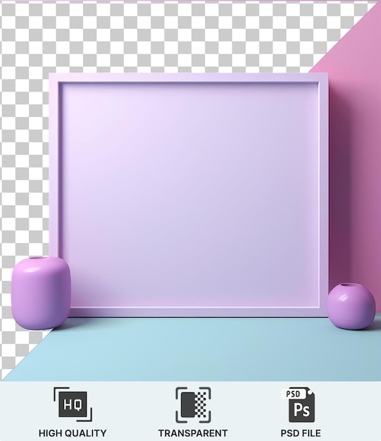 high quality transparent psd a pink wall with a white frame accompanied by a purple and pink vase on a blue table with a dark shadow in the foreground