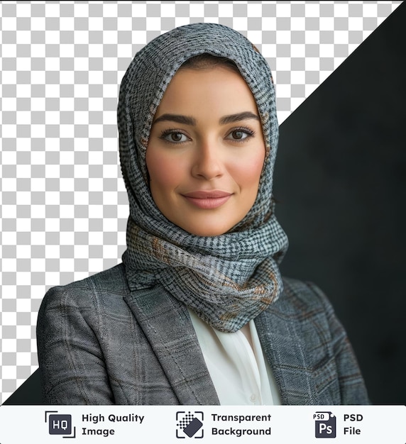 high quality transparent psd portrait of beautyful and confident business woman wearing a gray jacket scarf and white shirt with striking brown eyes and a prominent nose