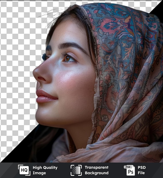 high quality transparent psd profile side view portrait of attractive cheerful girl demonstrating copy space ad new