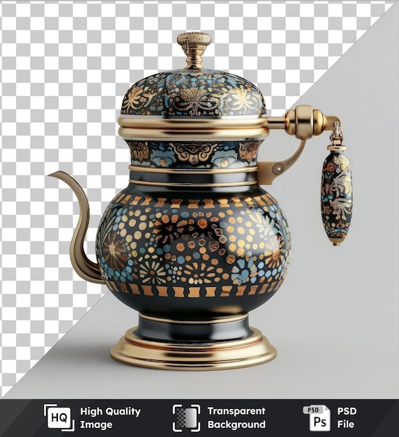 high quality transparent psd ramadan traditional coffee grinder displayed on a gold base with a curved handle accompanied by a blue flower and a black shadow