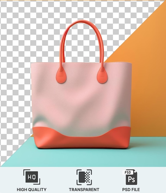 high quality transparent psd a red handbag with a curved handle placed on a blue table against an orange wall