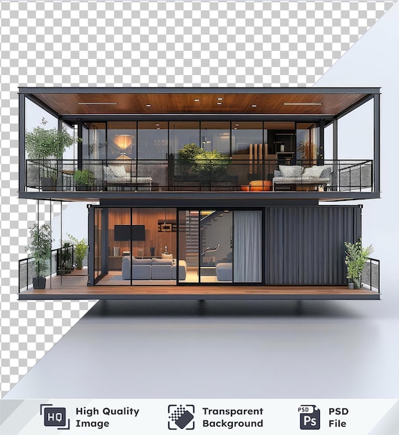 High quality transparent psd shipping container house with a balcony surrounded by lush greenery