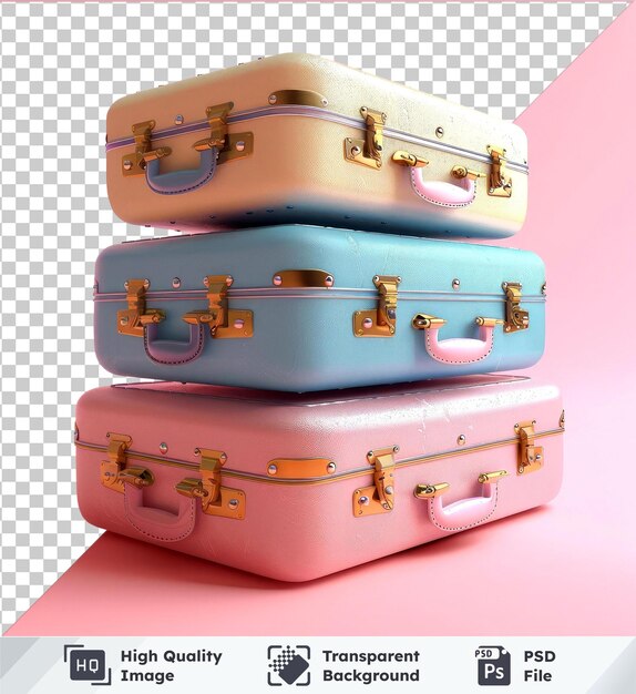 high quality transparent psd three stacked vintage suitcases isolated on a pink background