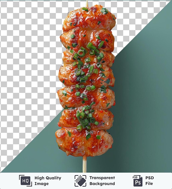 high quality transparent psd tsukune on skewer with a wooden stick against a green and blue wall