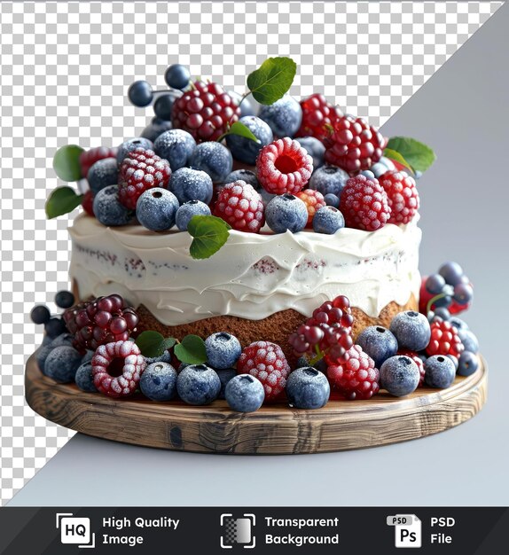 High quality transparent psd of vanilla cake with berries and leaves on wooden platter