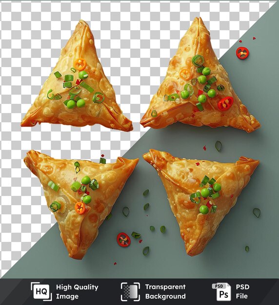 high quality transparent psd vegetable samosas topped with green peas and a red pepper served on a blue table with a slice of pizza in the background