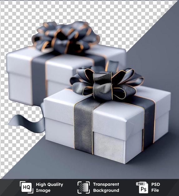 High quality transparent psd of white gift boxes with ribbon and bow on gray background